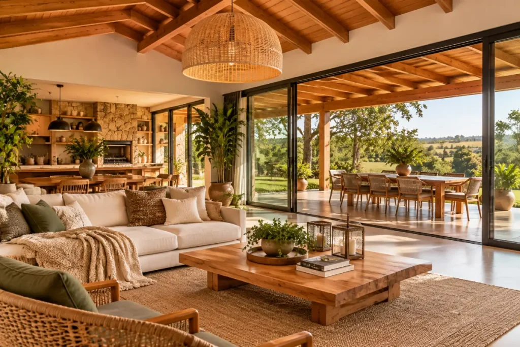 Casa de campo com ambientes integrados e iluminação natural.