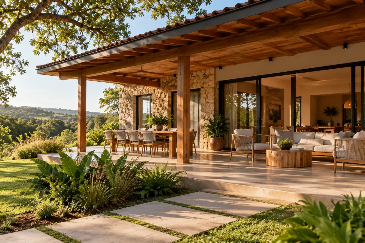 Projeto de casa de campo com varanda integrada à paisagem.